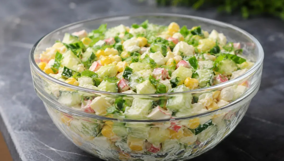 Fresh crab salad with cucumber and corn (5 min)